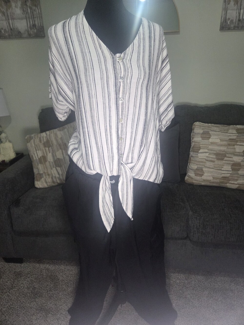Striped Tie-Front Blouse & Black Wide-Leg Pants Set